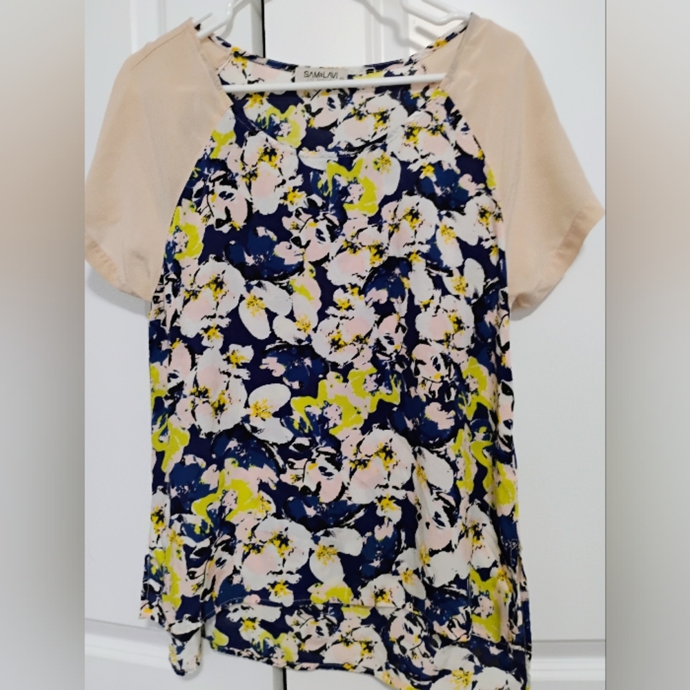 Floral Navy Mixed-Media Blouse with Beige Sleeves